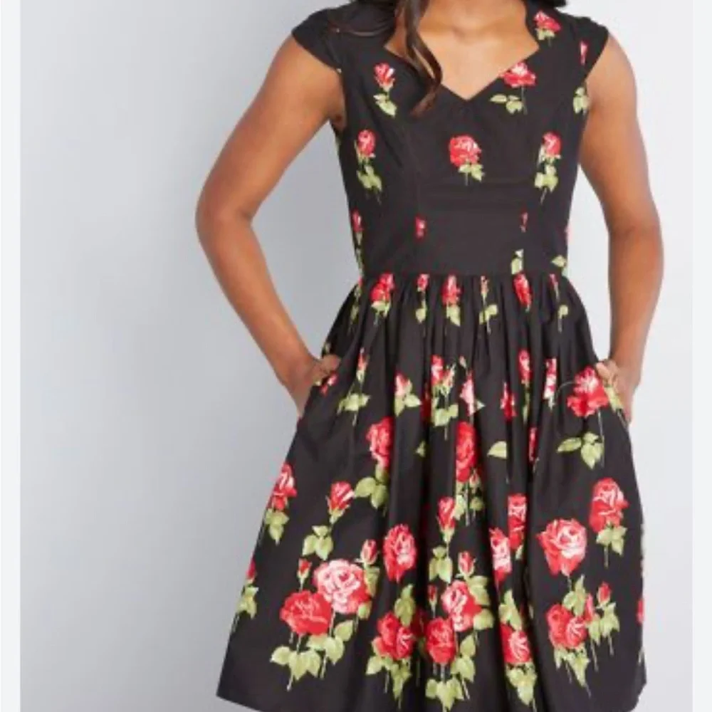 Hell Bunny Antonia Mid Dress Rose Print Floral Fit Flare Retro Pinup Rockabilly - Picture 7 of 16